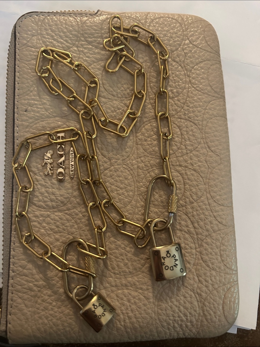 Pandora Gold-Tone Link Necklace with Padlock Charms